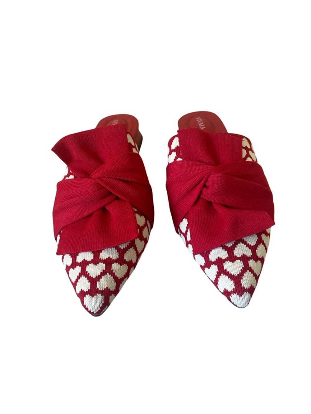 Vivaia Red Heart Knit Bow Mules - Picture 2 of 7